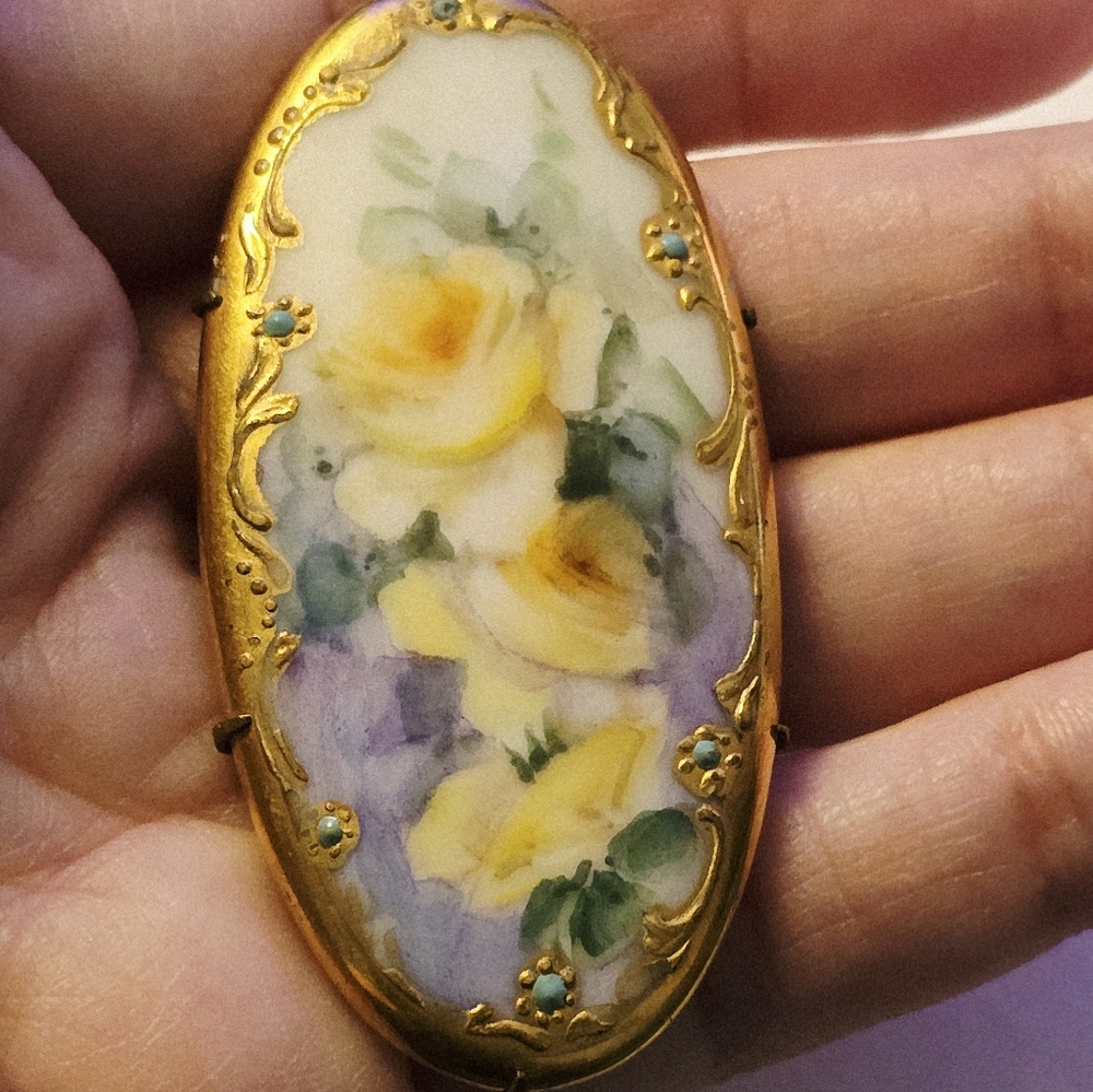 Vintage victorian porcelain hand paint floral bar pin brooch Gothic Whimsy cameo